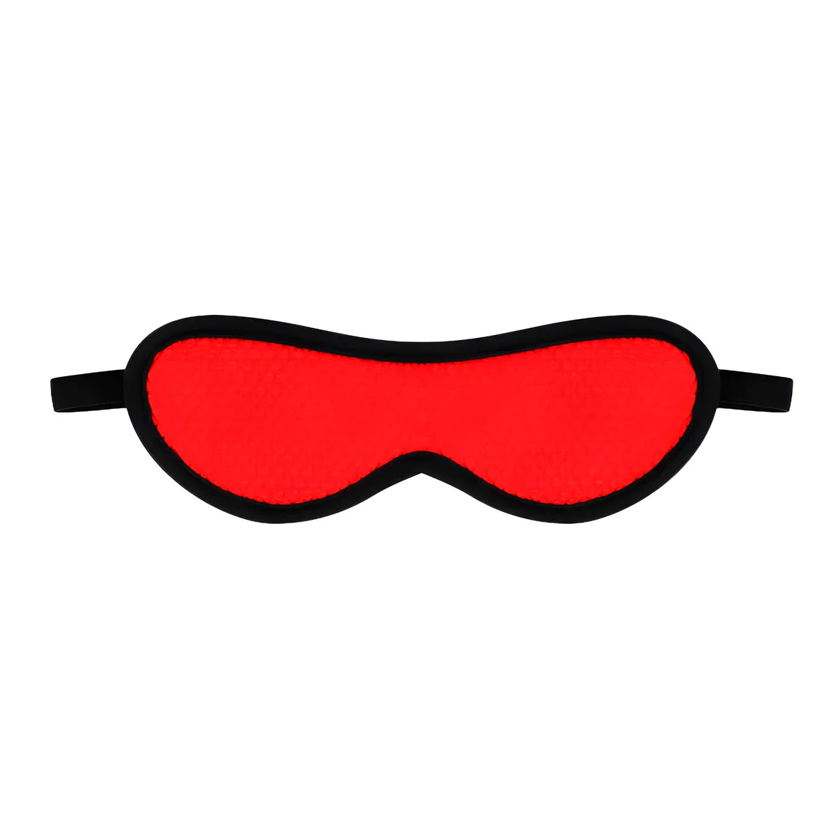 Masque BDSM sur les yeux rouge à liseré noir présenté à plat avec ses élastiques, vue compacte de cet accessoire de privation de la vue pour duos joueurs.