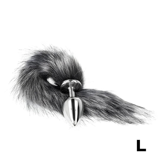 kink plug anal taille l 10 x 4 cm avec queue synthetique 40 cm gris