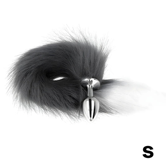 kink plug anal taille s 7 x 3 cm avec queue synthetique 40 cm gris et blanc