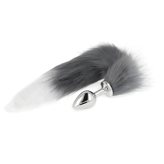 kink plug anal taille m 8 x 3 5 cm avec queue synthetique 40 cm gris et blanc