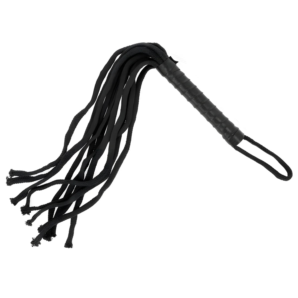 Martinet à brins de corde noire tressée retombant en éventail avec dragonne, fouet souple de 56 cm pour une frappe enveloppante.