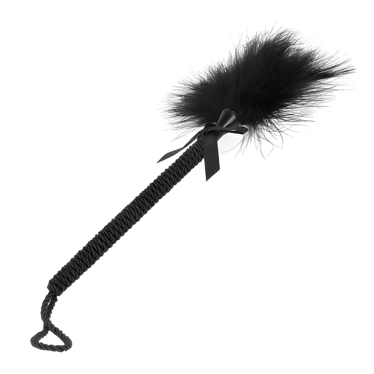 Baguette à plumes noires et nœud sur manche tressé fin avec dragonne, accessoire de chatouille sensoriel de 25 cm de la gamme Kink.