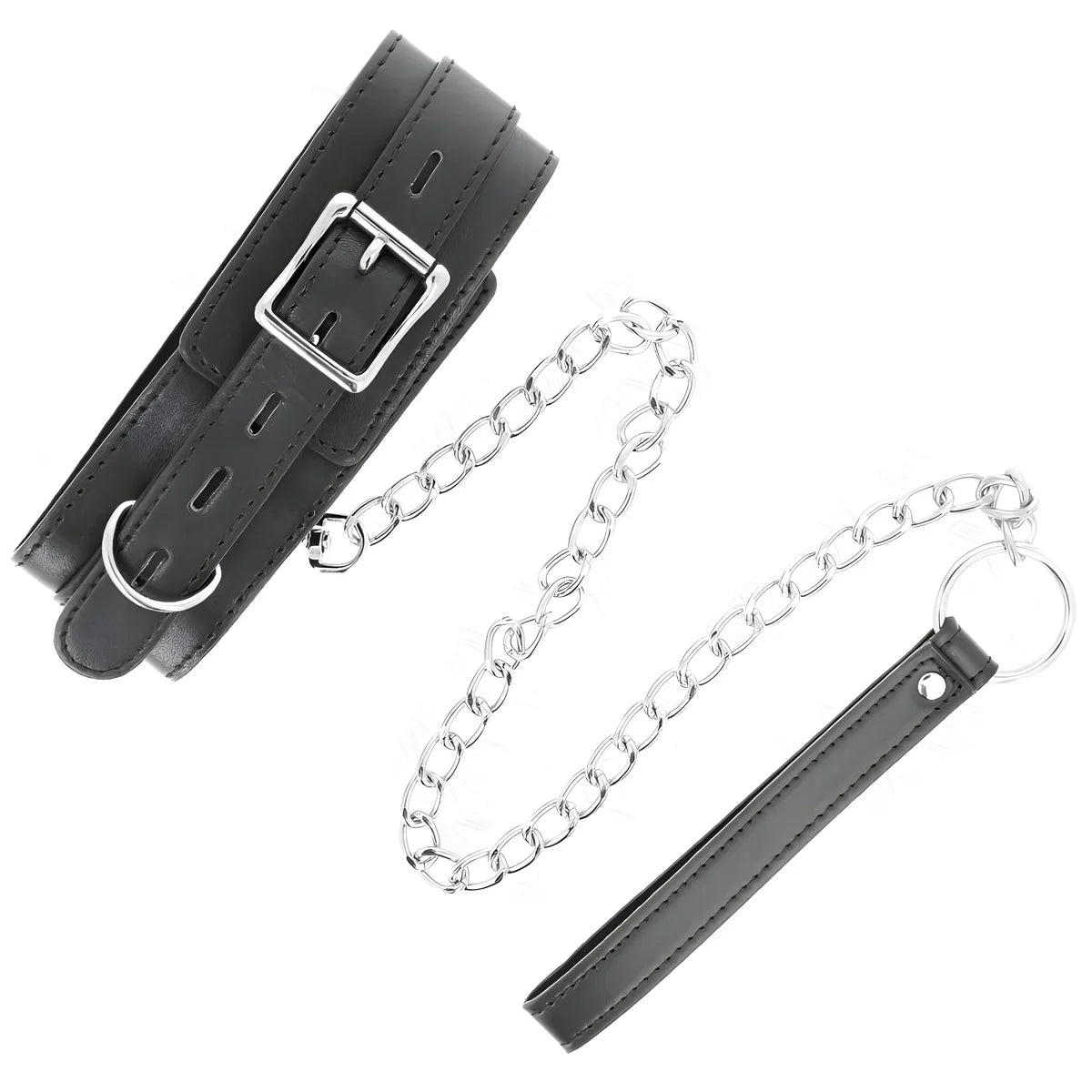 Collier de soumission noir à boucle métallique avec laisse à chaîne et poignée, présenté à plat, accessoire BDSM dominant-soumis robuste et ajustable.