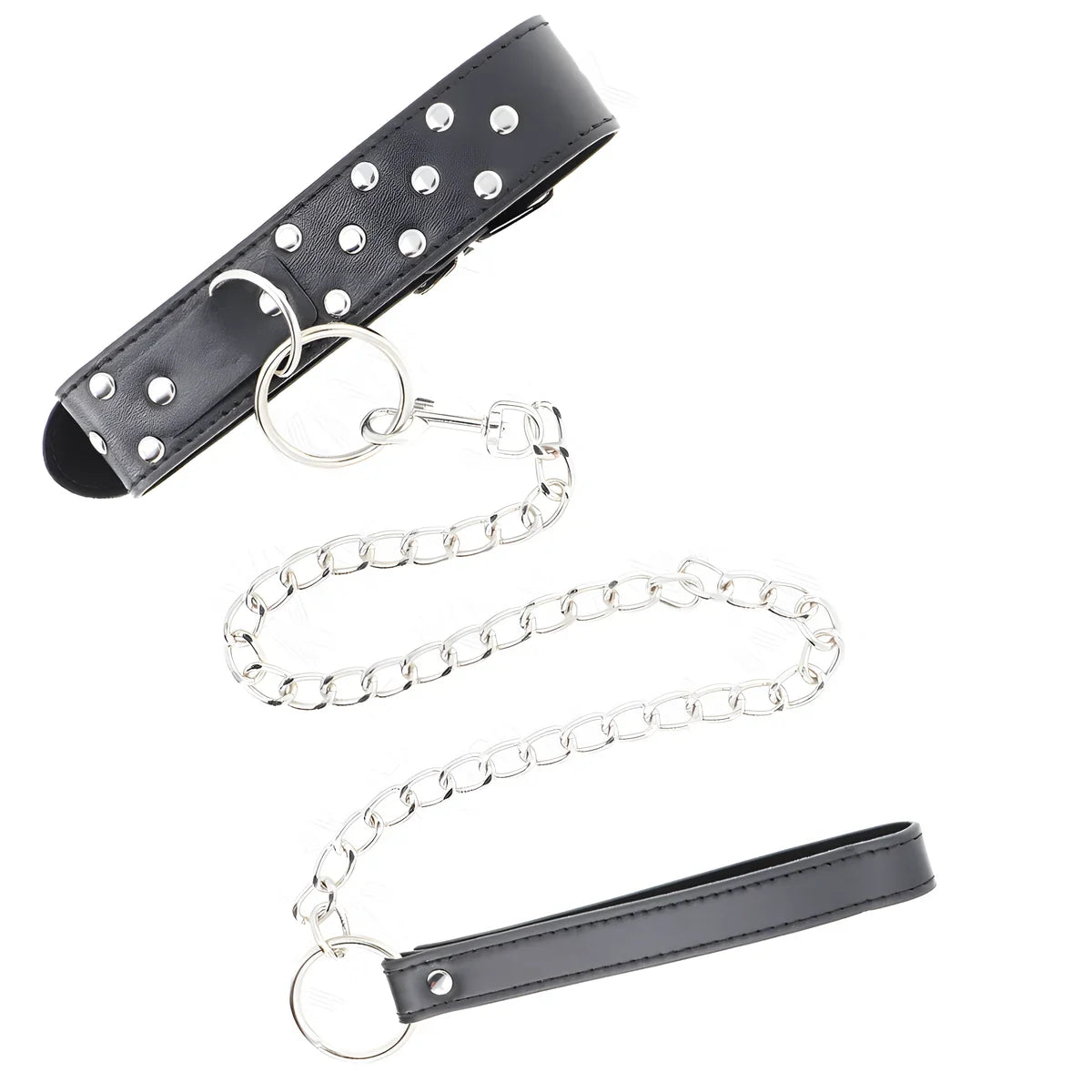 Collier de soumission noir clouté avec anneau central et longue laisse à chaîne terminée par une poignée, vue d'ensemble, accessoire BDSM au look rock.