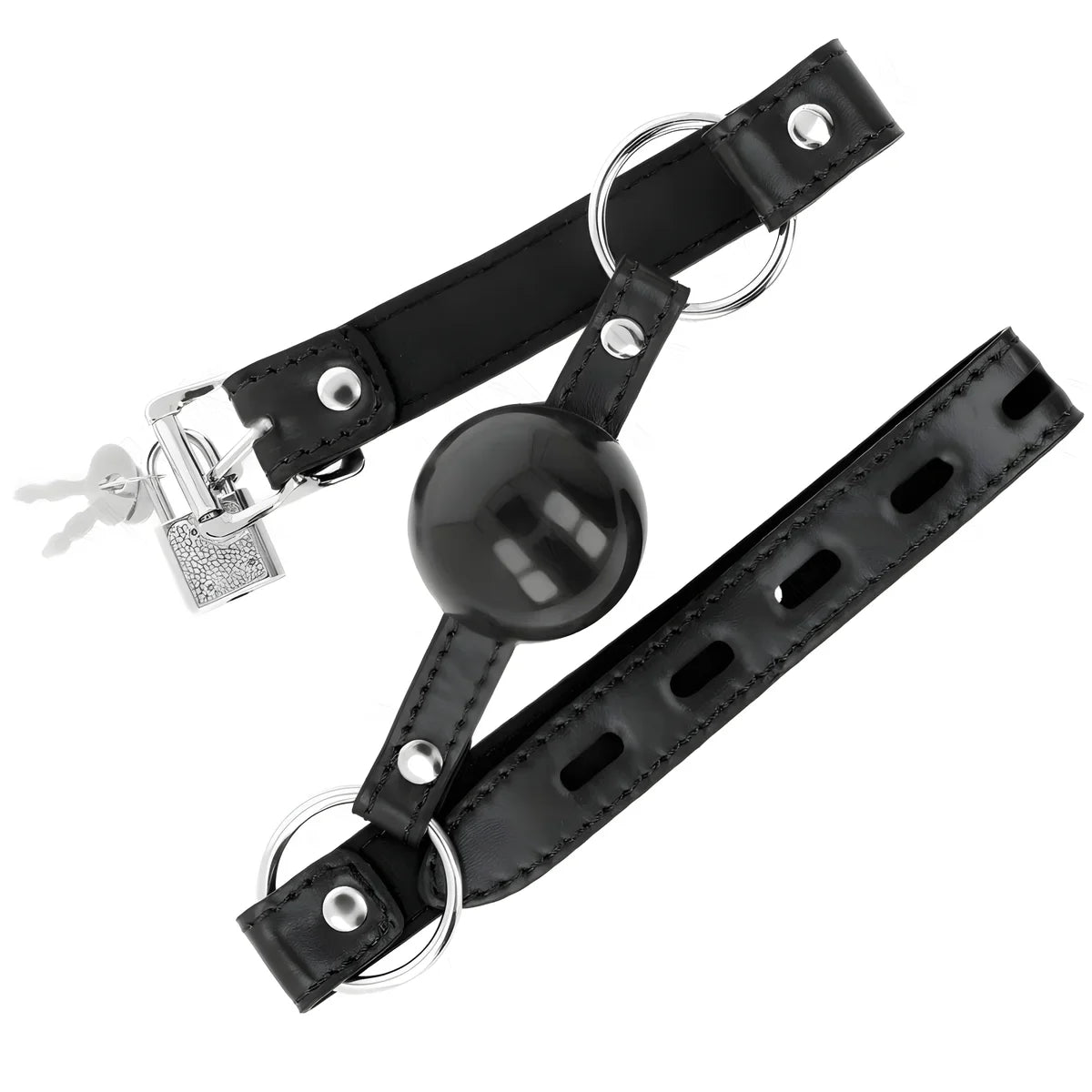 Bâillon boule noire en caoutchouc avec cadenas verrouillable et sangle perforée à anneaux étalée, accessoire de soumission BDSM sécurisé pour jeux de domination.