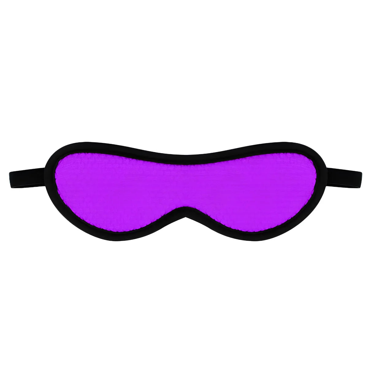 Masque sur les yeux violet texturé à écailles et bord noir, étalé à plat avec sa sangle, accessoire de soumission pour priver la vue et décupler les sensations.