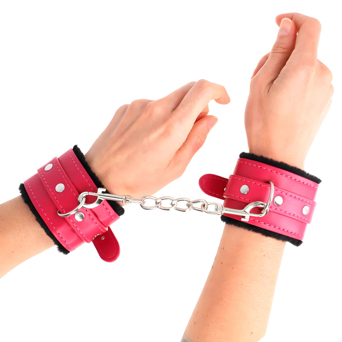 kink appui poignets doubles de fourrure premium noir avec ceinture rose framboise ajustable 17 29 cm x 6 cm