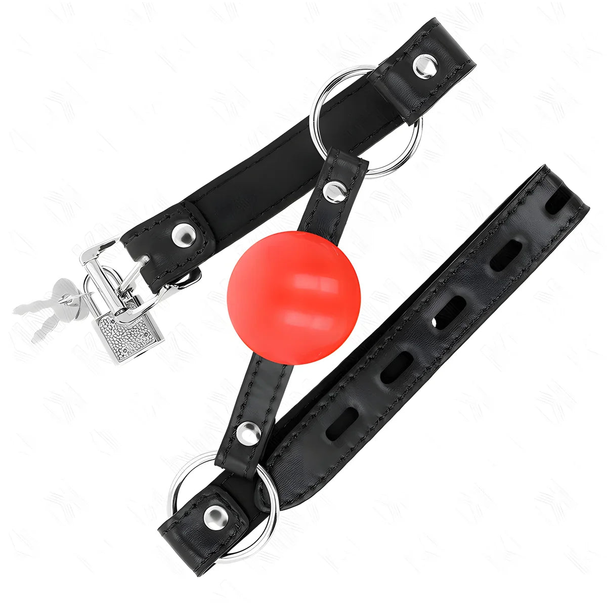 Bâillon boule rouge en caoutchouc avec cadenas à clés et sangle perforée à anneaux, accessoire BDSM verrouillable et coloré pour la réduction au silence.