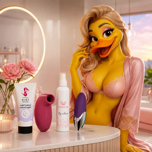 Premier sextoy femme avec vibration et ondes de pression, lubrifiant et nettoyant
