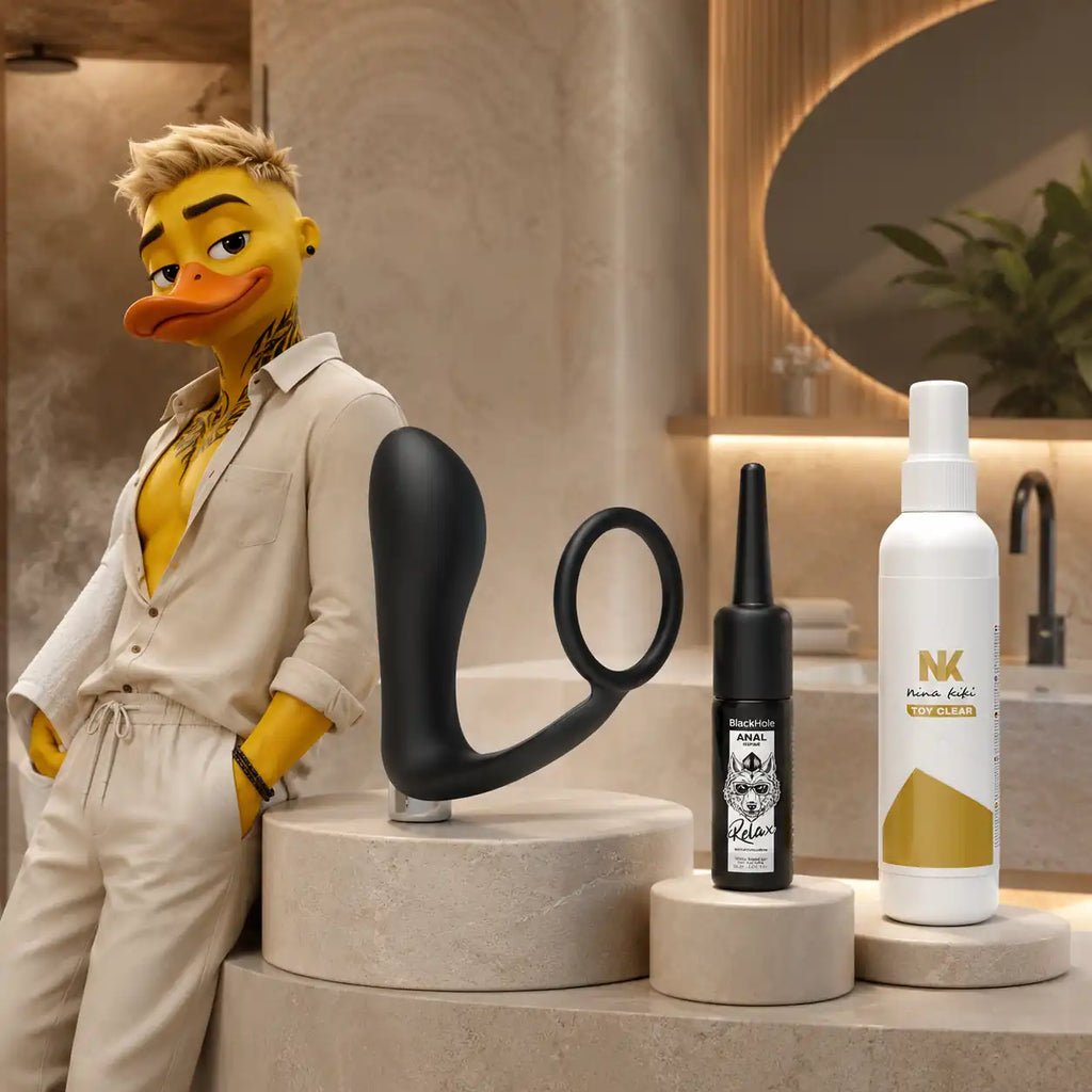 Première expérience prostatique avec stimulateur rechargeable, lubrifiant, applicateur et nettoyant