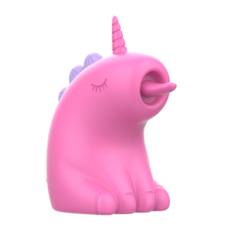 Stimulateur clitoridien Pinkie en silicone rose, design licorne fantaisie a zone de stimulation mobile et corne, format compact non realiste pour stimulation mécanique.