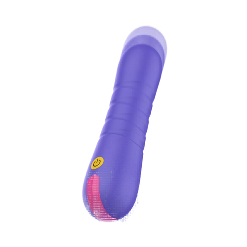 Mini vibromasseur Intense Stella en ABS violet a relief annele, bouton lumineux et embout rose, pictos fonctions, format compact body-safe non realiste.