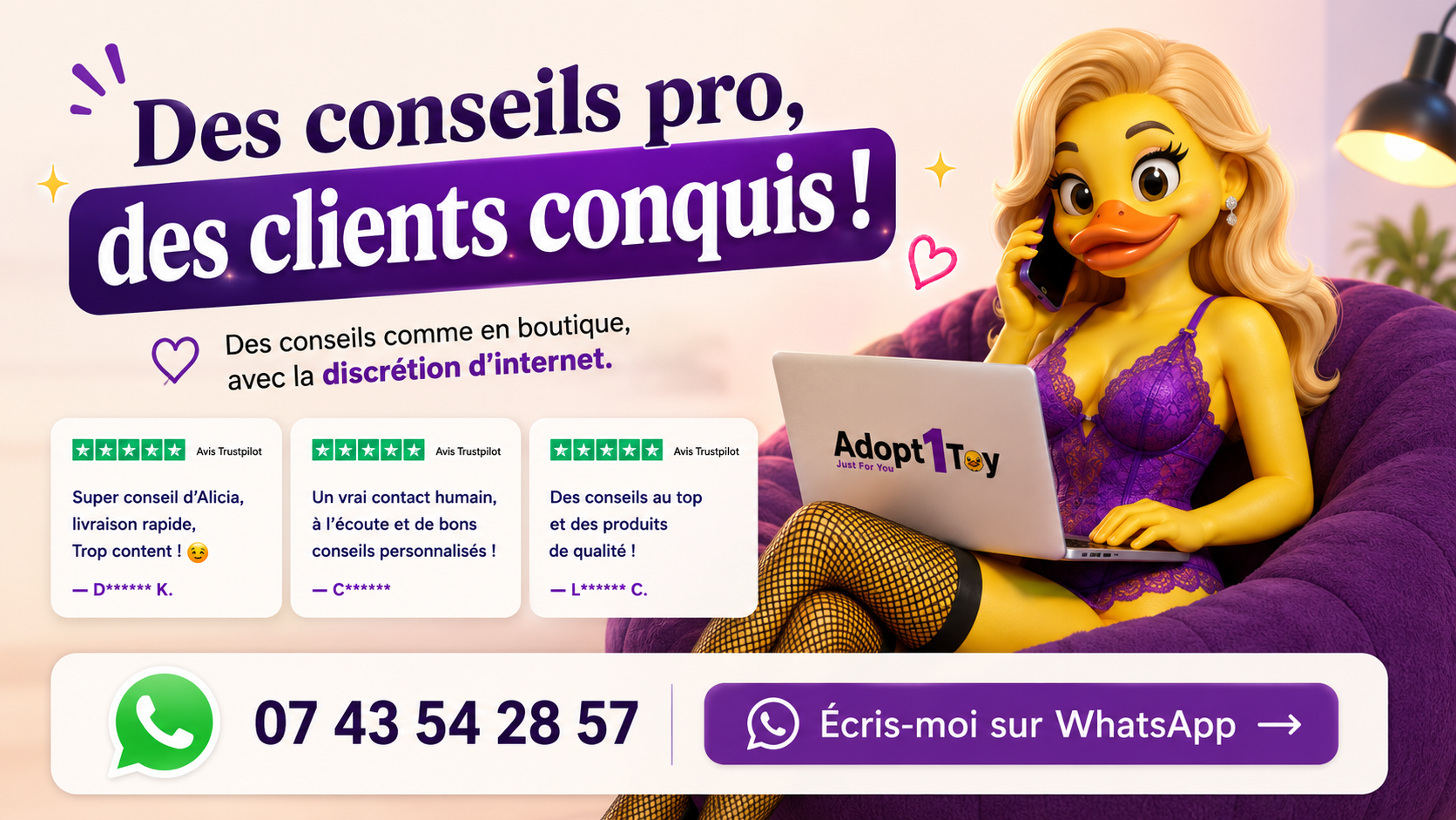 Bannière conseil client personnalise  mascotte canard Alicia ordinateur