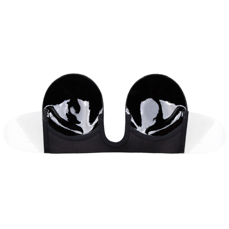 Soutien-gorge adhesif noir sans bretelles vu de l'interieur, coupelles tapissees de gel adhesif transparent et aile dorsale souple translucide.