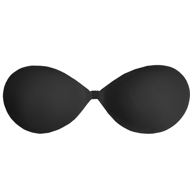 Soutien-gorge adhesif Bye Bra noir presente a plat, paire de coupelles auto-adhesives sans bretelles avec fermoir central, lingerie invisible et reutilisable jusqu'a 50 fois.