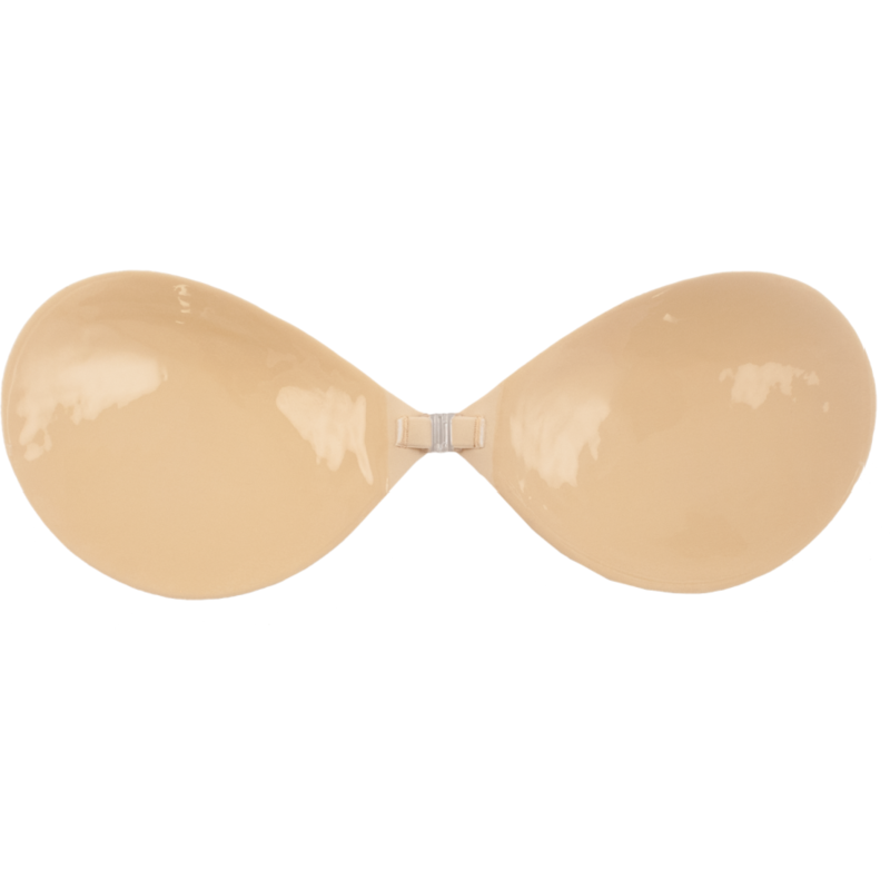 Soutien-gorge adhesif Bye Bra en silicone beige au fini brillant, coupelles transparentes auto-adhesives sans bretelles, maintien invisible sous les robes dos nu.