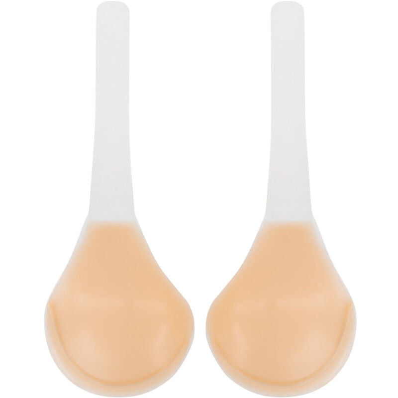 Elevateur de poitrine silicone Bye Bra presente seul, deux coupelles couleur chair en goutte avec longues sangles transparentes adhesives, accessoire lift reutilisable sans soutien-gorge
