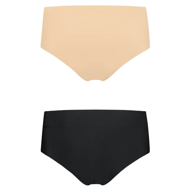 Culotte invisible sans couture Bye Bra vue produit a plat en beige et noir, finition lisse en polyamide et elasthanne pour un rendu invisible sous les vetements ajustes.