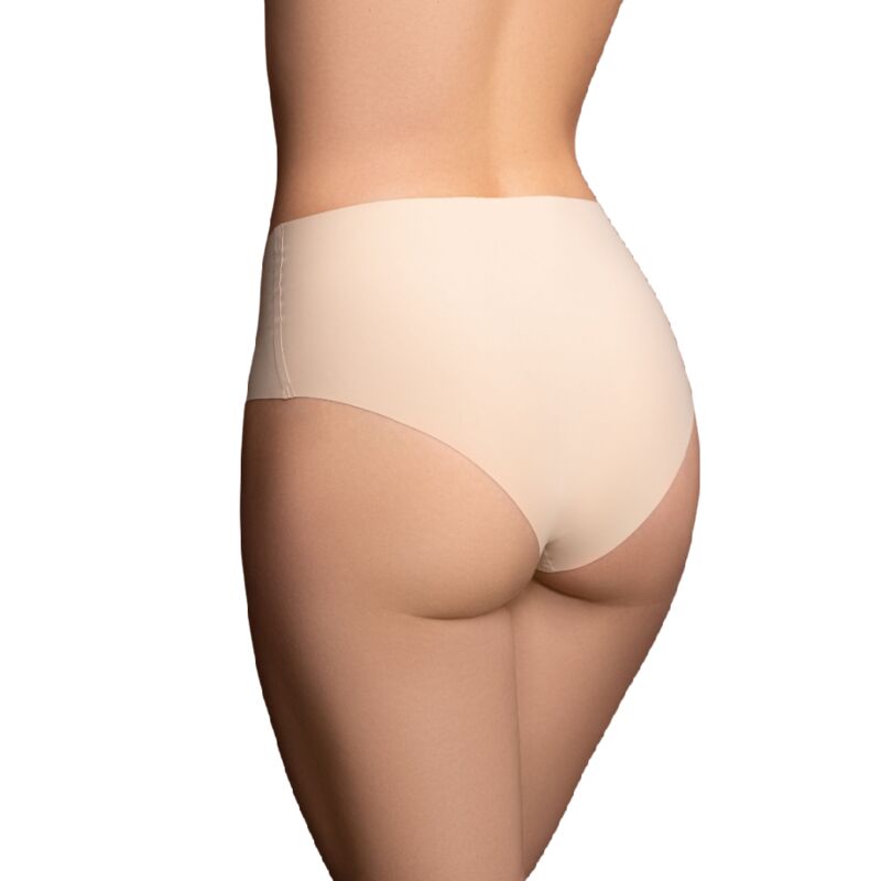 Vue de dos de la culotte invisible sans couture Bye Bra beige, coupe couvrante sans couture pour un rendu lisse en polyamide et elasthanne sous les vetements ajustes.