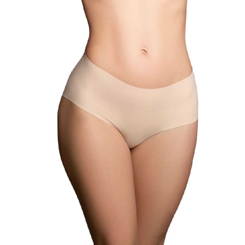 Culotte invisible sans couture Bye Bra beige portee de trois-quarts, coupe lisse sans demarcation en polyamide et elasthanne, invisible sous les vetements moulants.