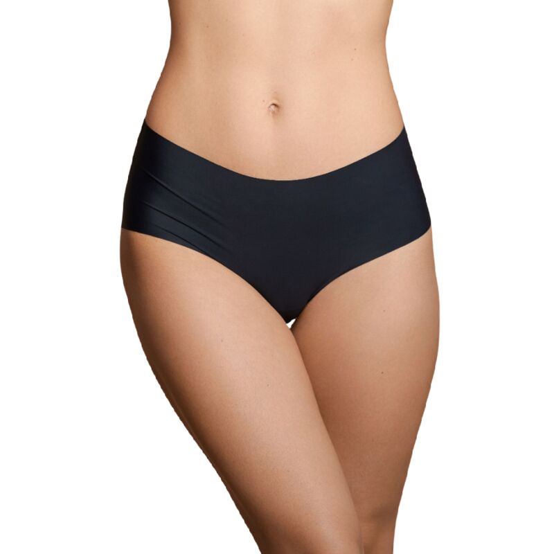 Culotte invisible sans couture Bye Bra noire portee de face, coupe taille mi-haute lisse en polyamide et elasthanne, finition invisible sous les vetements moulants.