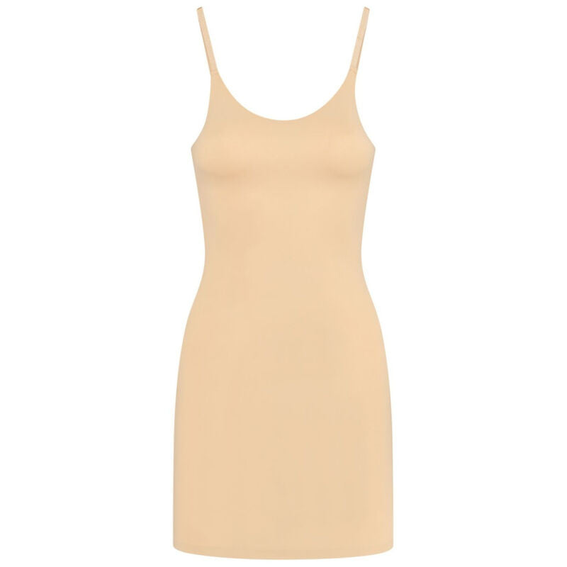 Robe lingerie invisible Bye Bra Light Control beige a plat de face, microfibre jersey legere et bretelles reglables pour un controle leger et invisible sous une robe ajustee