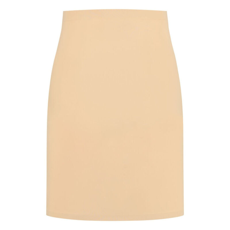 Jupon invisible Bye Bra Light Control beige pose a plat de face, longueur genou et microfibre jersey taille haute gommant les marques sous une jupe moulante, controle leger