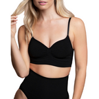 Soutien-gorge sans couture Bye Bra noir porte de face par une modele avec culotte assortie, controle moyen et bonnet galbe en polyamide elasthanne lisse sous les vetements ajustes