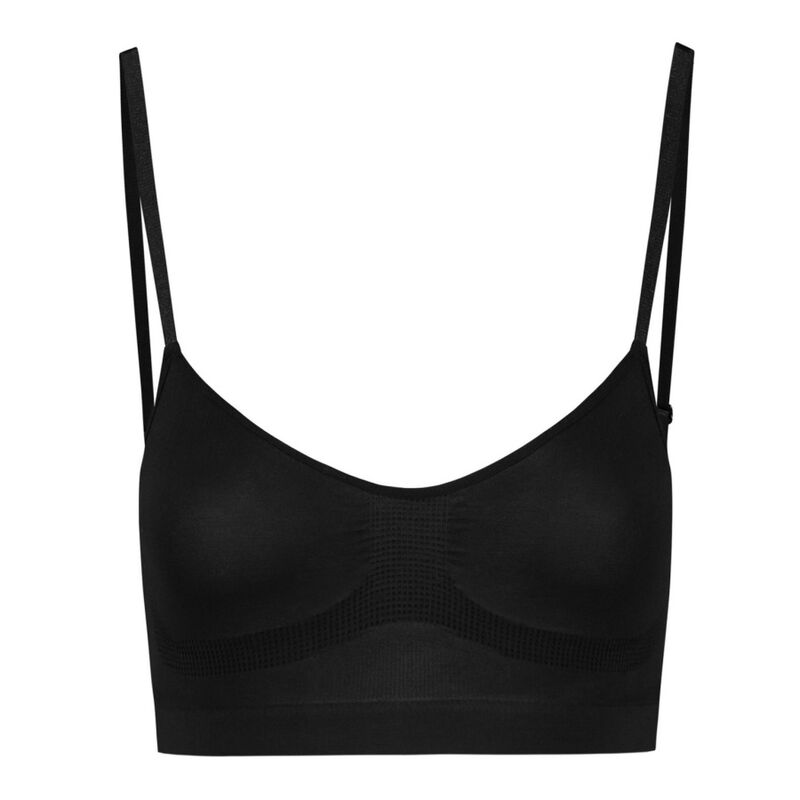 Soutien-gorge sans couture Bye Bra noir presente a plat de face, bonnets doux et bretelles fines reglables en polyamide elasthanne, controle moyen et finition lisse discrete
