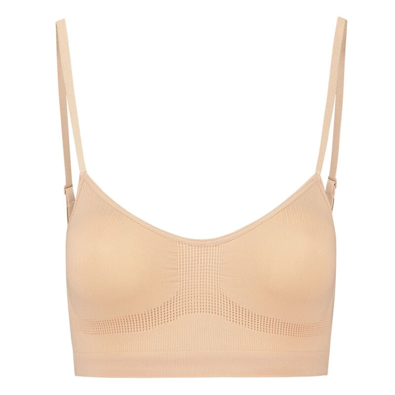 Brassiere adhesive Bye Bra beige vue de face avec zone de maintien aeree sous les bonnets, bretelles fines reglables et bande elastique pour un contrôle moyen discret