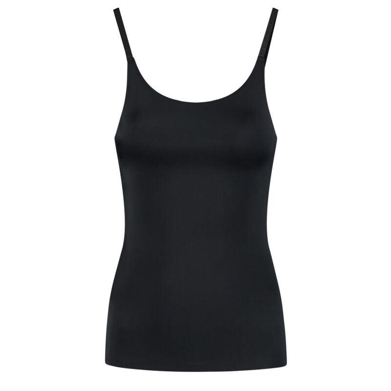 Debardeur Bye Bra Light Control noir presente a plat de face, encolure ronde et bretelles fines, microfibre jersey extensible au contrôle leger invisible sous les hauts