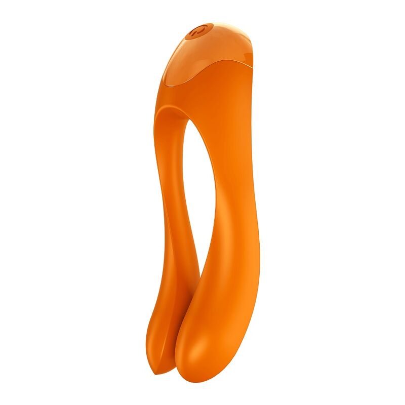 Vibrateur Candy Cane orange en vue trois quarts, sa boucle en silicone et son moteur intégré pour une stimulation clitoridienne précise au doigt, IPX7.