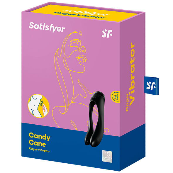 Boîte mauve Candy Cane finger vibrator Satisfyer ornée d'un visage stylisé au trait, illustrant le petit vibrateur noir à porter au doigt, mention Vibrator.