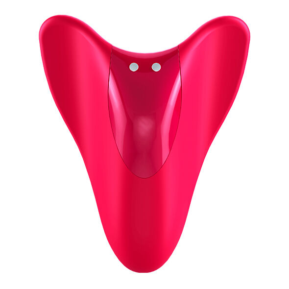 Vue de dessus du vibrateur High Fly fuchsia révélant la fente de maintien du doigt et les deux broches de charge magnétique, vibrateur doigt en silicone étanche.