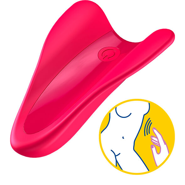 Vibrateur doigt High Fly fuchsia en vue trois quarts avec bouton de commande, accompagné d'un pictogramme illustrant son usage au doigt, deux moteurs puissants.
