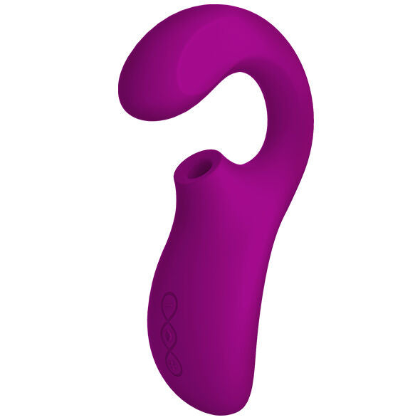 Masseur Lelo Enigma fuchsia de profil, ouverture d'aspiration sonique pour le clitoris et bras incurve point G, silicone doux rechargeable, double action pour double plaisir.