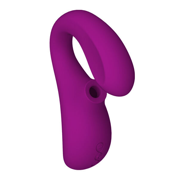 Stimulateur Lelo Enigma fuchsia montrant l'ouverture d'aspiration sonique pour le clitoris et le bras point G, silicone doux rechargeable, double stimulation sans contact direct.