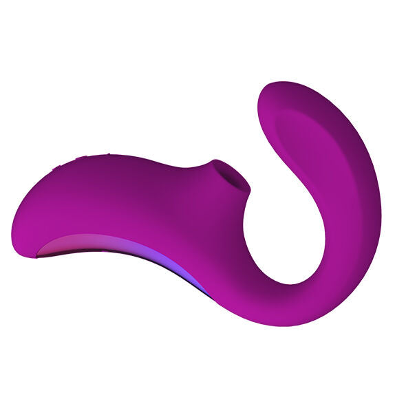 Masseur double sonique Lelo Enigma fuchsia pose a l'horizontale, bras courbe clitoris et embout point G, facade degrade violet en silicone doux, double stimulation rechargeable.
