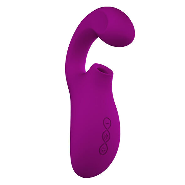 Stimulateur double Lelo Enigma fuchsia vu de face, bras enveloppant le clitoris et embout point G, facade degrade irise en silicone, double stimulation sonique simultanee.