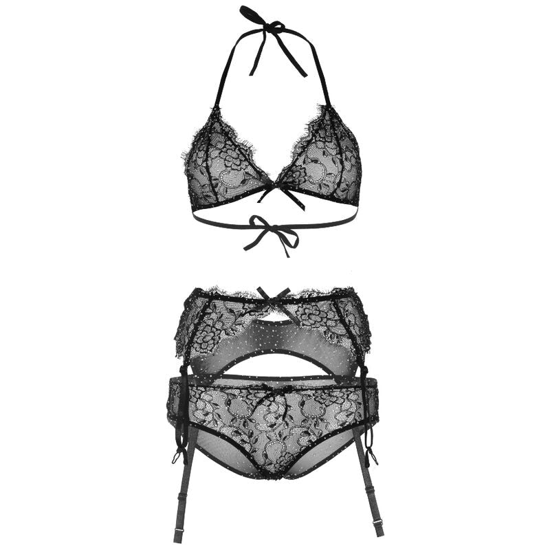 Ensemble lingerie trois pièces en dentelle à strass — vue de dos