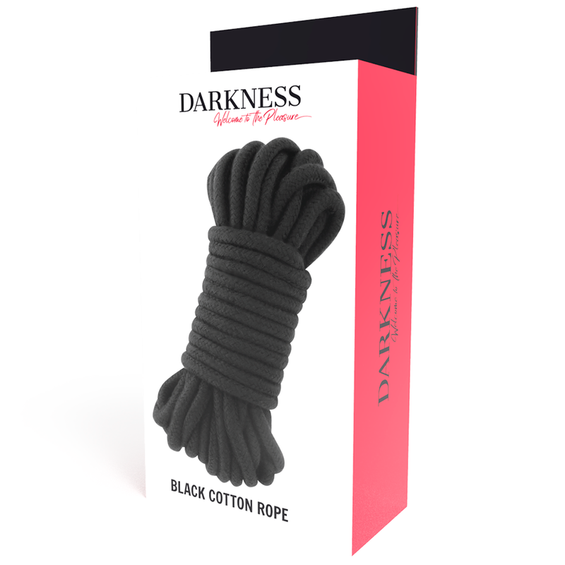 Corde de bondage en coton noir Darkness enroulee devant sa boite Black Cotton Rope rose. Fibre coton souple pour les jeux de shibari, de domination et de restriction.