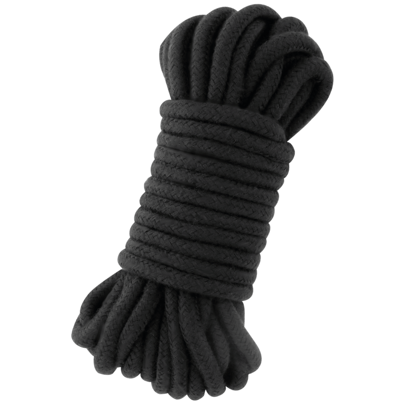 Corde de bondage japonaise en coton noir Darkness enroulee en faisceau genereux. Coton souple a bonne tenue des noeuds pour le shibari, le bondage et la restriction.