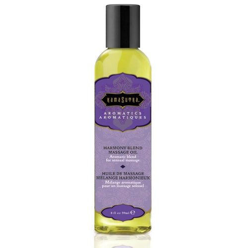 Flacon violet Kamasutra Aromatics huile de massage Harmony Blend, vue de face, melange aromatique apaisant pour un massage sensuel hydratant et relaxant a deux.