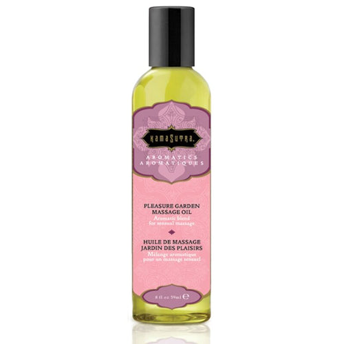 Flacon rose Kamasutra Aromatics huile de massage Pleasure Garden rose, jasmin et santal, vue de face, trio floral et boise vegan sans paraben pour hydrater et masser.