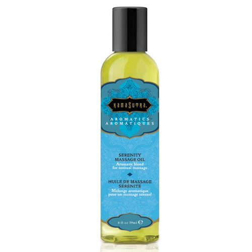 Flacon bleu Kamasutra Aromatics huile de massage Serenity marjolaine et lavande, vue de face, trio herbace vegan sans paraben qui invite a la detente et au massage.