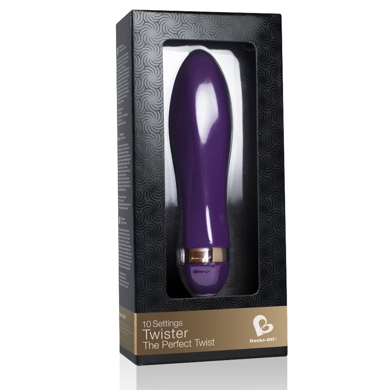 Boîte Twister de Rocks-Off noire, fenêtre dévoilant le vibrateur violet à embout doré, mentions 10 settings et The Perfect Twist, aucun visuel anatomique.