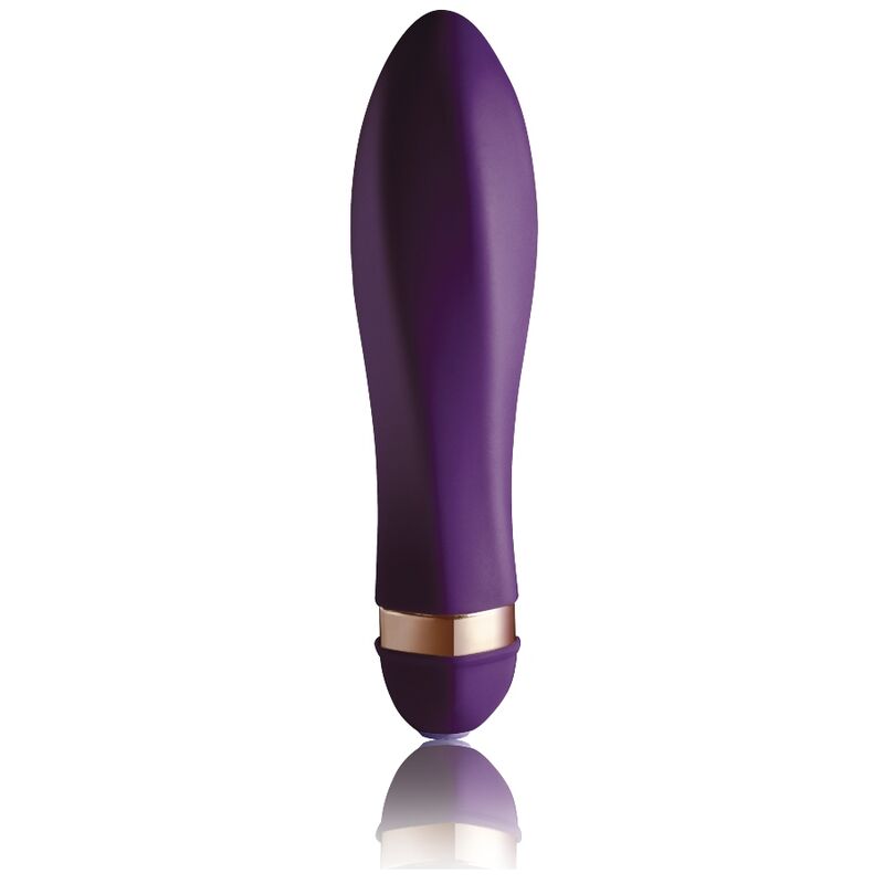 Vibrateur Twister en silicone violet velouté, corps allongé renflé à pointe arrondie et embout chromé doré à la base, surface lisse non anatomique, format compact.