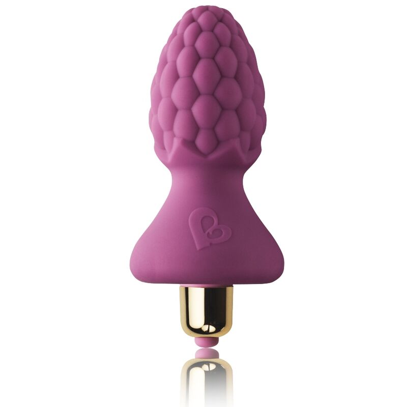Plug anal vibrant en silicone rose vif à tête texturée en forme de framboise sur base en T, capsule vibrante dorée et embout rose sous le socle, format compact débutant.