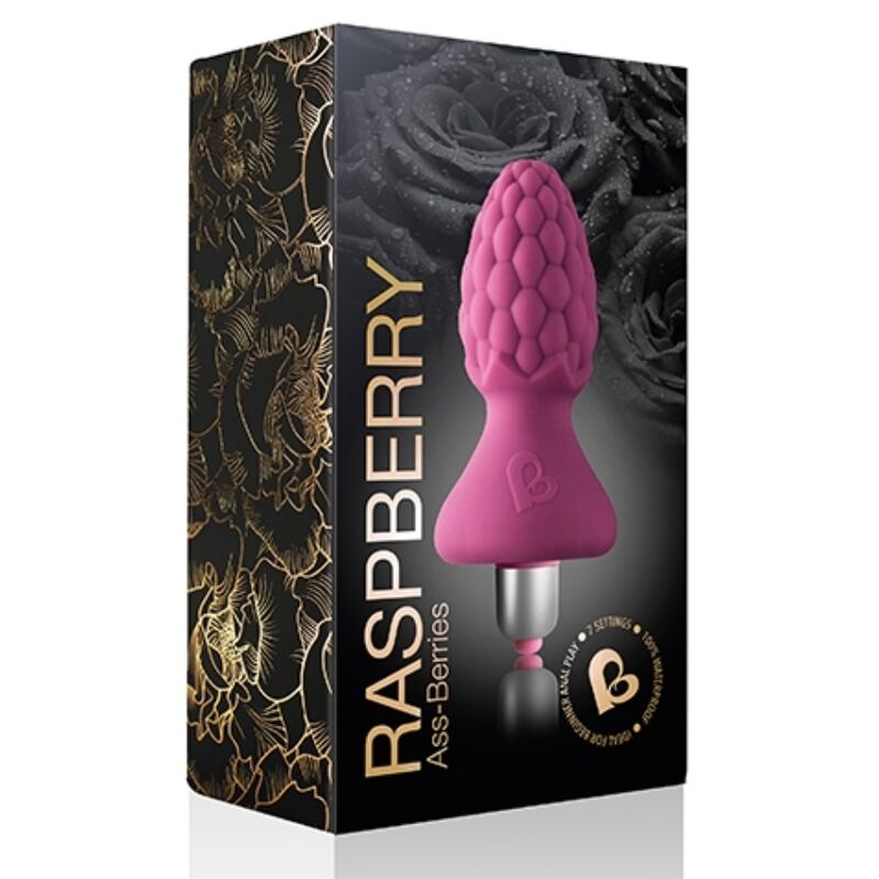 Boîte Raspberry Ass-Berries de Rocks-Off noire à motifs floraux dorés, montrant le plug framboise rose à base en T, mentions de matière, sans scène ni corps.