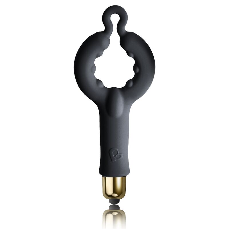 Anneau pénien en silicone noir à large boucle ouverte et picots intérieurs, capsule vibrante dorée à la base, surface mate lisse non anatomique du pack Silhouette.